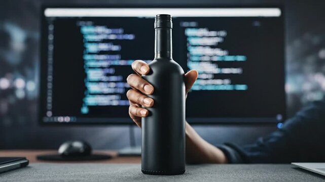 A hand holding a black wine bottle in front of a computer screen displaying code