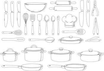 Collection of hand-drawn kitchen utensils and cookware in a simple line style cooking
