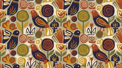 Fototapeta premium Folk Art Inspired Seamless Pattern with Stylized Birds and Floral Elements
