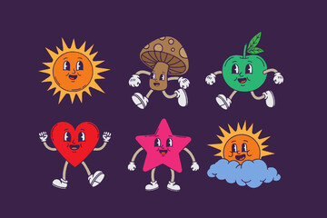 Set of abstract character. hand drawn colorful crayon doodle style, vector Retro trendy characters, comic sun and cloud, mascot running cherry, shape star, heart with funny face, vintage mushroom