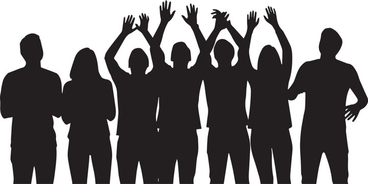 Friends standing together vector illustration with some raising hands celebrating friendship success