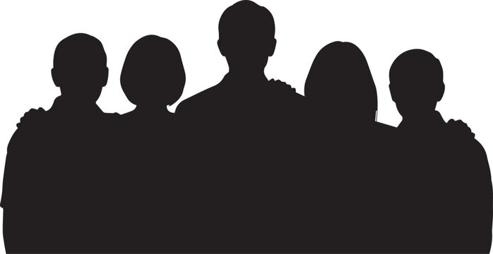 Group of diverse friends standing together vector illustration in a solid black silhouette pattern