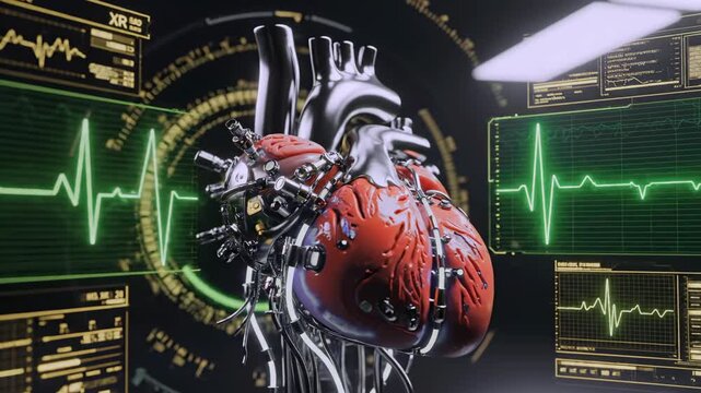 mechanical heart prototype under diagnostic review with steel chassis and hydraulic actuators, green ecg traces on gold consoles, calibration rigs and maintenance workflow in technical