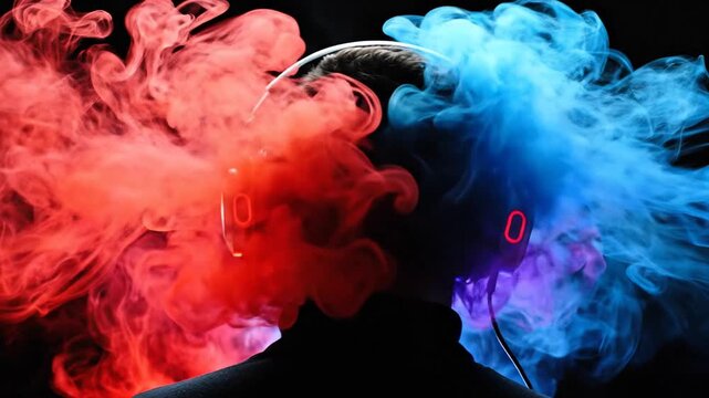 Person with headphones enveloped in vibrant red and blue smoke, symbolizing creativity and imagination
