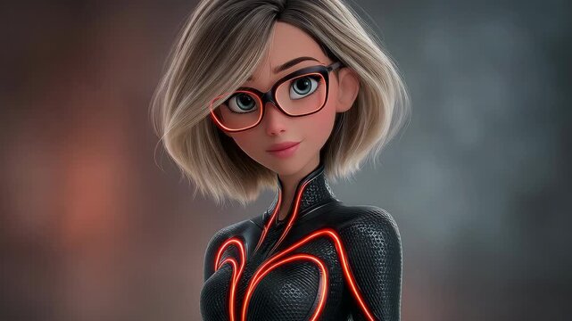 Beautiful female secret agent character, wearing glowing neon glasses and a futuristic black tactical suit.