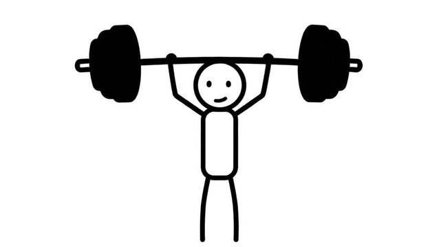 Cartoon figure lifting weights against white background