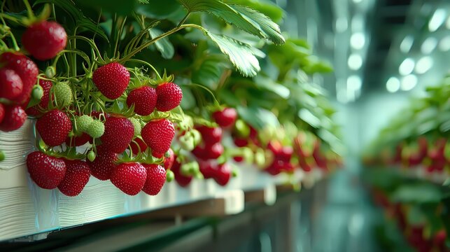 Strawberries growing on vertical farm shelving system