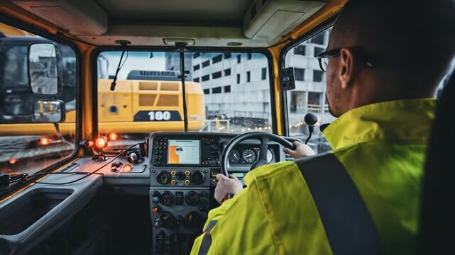 View from inside a construction vehicle cabin as the driver looks out at a yellow excavator