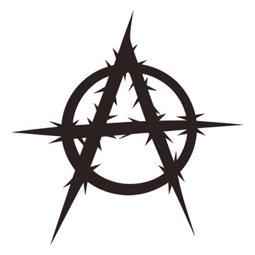 Black and white image of an anarchy symbol with a barbed wire circle