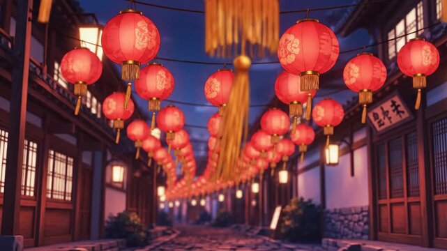 Lanternlit street at twilight a row of red paper lanterns hangs above a cobblestone path lined with traditional buildings