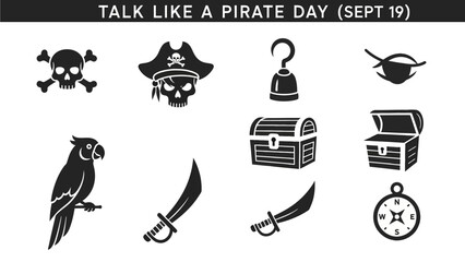 Black and white icons for Talk Like a Pirate Day featuring piraterelated objects © Agung