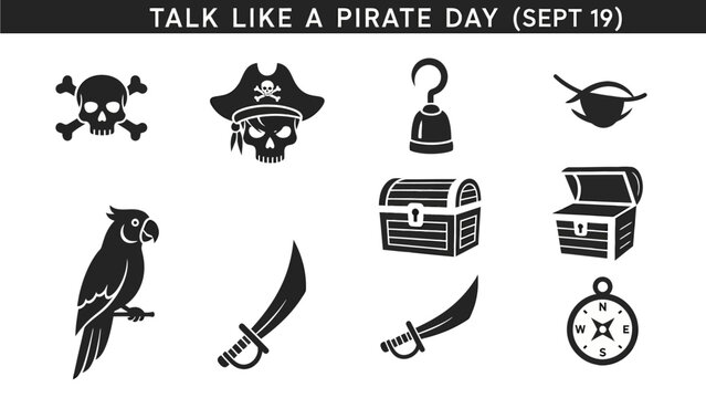 Black and white icons for Talk Like a Pirate Day featuring piraterelated objects