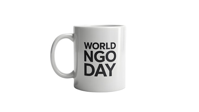 A crisp white ceramic mug displaying the important message 'world ngo day' in strong black lettering, perfect for advocacy
