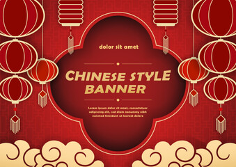 Chinese style banner with red lanterns and golden cloud frames. Lunar New Year sale promotion poster design.
