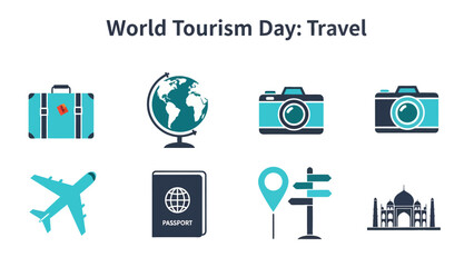 World Tourism Day graphic with travel icons suitcase globe cameras airplane passport map sign and Taj Mahal silhouette © Agung
