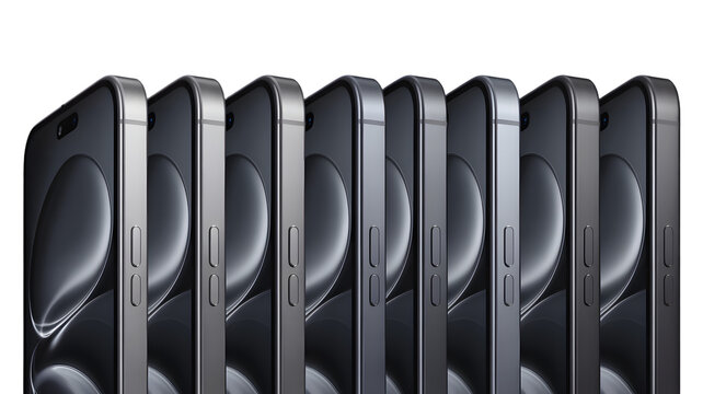 A sleek row of modern gray smartphones showcasing their elegant design and multiple units on a dark background