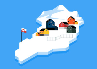 Greenland island map with colorful traditional Nordic houses and national flag on snowy ground isolated on blue background flat design style. Vector illustration