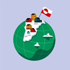 Greenland map on globe with colorful Nordic houses and national flag flat design style. Vector illustration