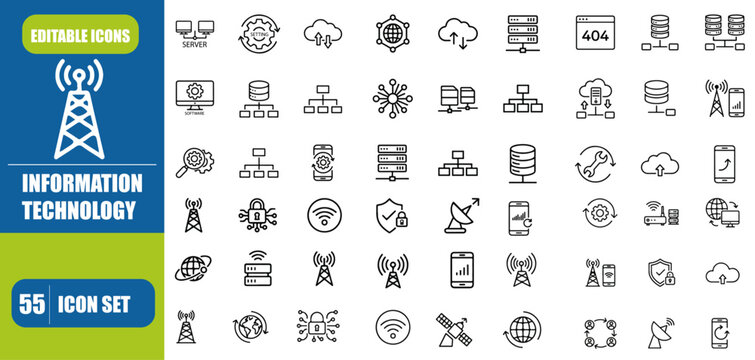 INFORMATION TECHNOLOGY OUTLINE ICON SET, CONTAINING IT NETWORK, DATA, INTERNET, WEBSITE, AND MORE, EDITABLE STROKE, VECTOR ILLUSTRATION, 
