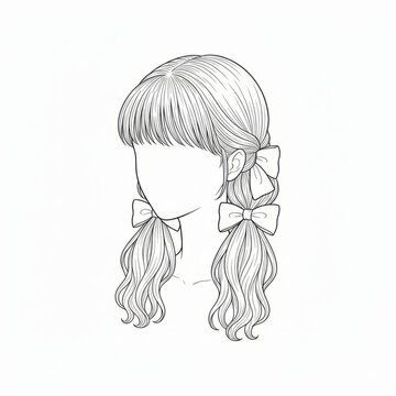 Playful Pigtails with Bows and Bangs, Wavy Hair Line Art Front View