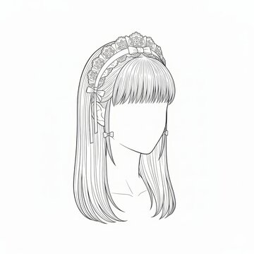 Elegant Long Hair with Bangs and Lace Headband, Line Art Profile
