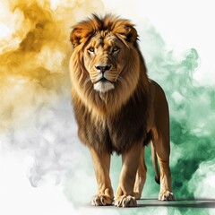 Obraz premium Majestic Lion Portrait with Mane Standing Against Color Smoke