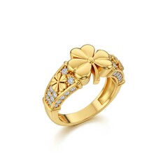 Golden Clover Ring with Diamond Accents on White Background