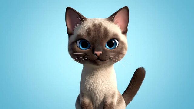 Cartoon siamese cat with big eyes on light blue background
