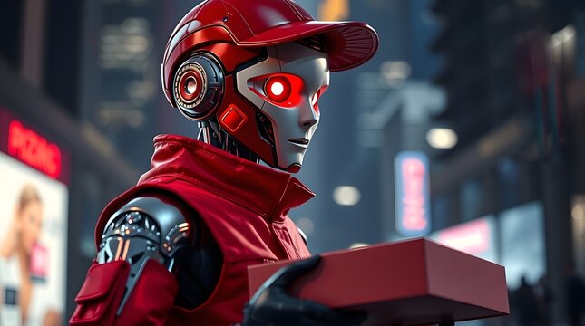futuristic pizza delivery robot holding pizza box and wearing red uniform
