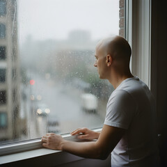Man Gazing Out Rainy Window Cityscape Blurred Traffic Outside Gloomy Weather