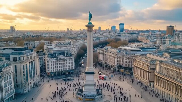 Aerial view of Nelson's Column surrounded by city buildings in London during golden hour, Aerial view of Nelson's Column and buildings in City London