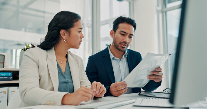 Paperwork, meeting and business people in office for finance report, budget review and planning. Corporate, teamwork and man and woman with documents, financial proposal and investment portfolio