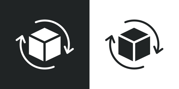 3D cube rotation icon with circular arrows for virtual reality and product view. Solid vector symbol illustration