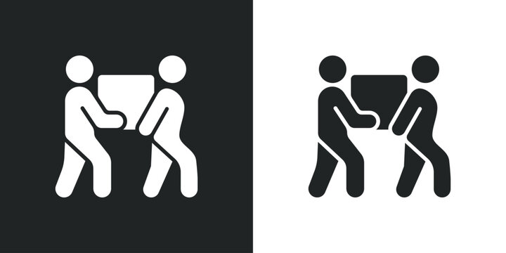 Two people carrying a heavy cardboard box together for moving delivery and logistics service. Solid vector symbol illustration