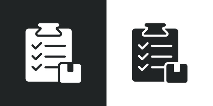 Logistics delivery checklist icon with box for inventory management and shipping status tracking. Solid vector symbol illustration