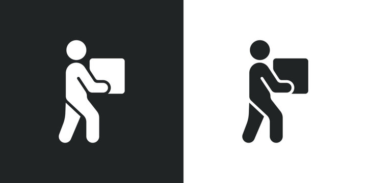 Person carrying cardboard box delivery man icon for shipping logistics and moving service. Solid vector symbol illustration