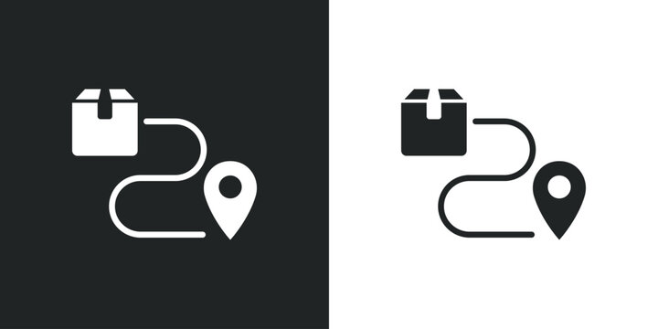 Package delivery tracking icon showing box path and location pin for logistics shipping service. Solid vector symbol illustration