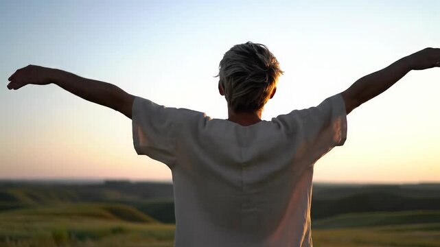A solitary gender-neutral figure, back to camera, raises arms for mindful breathing against a blurred vast natural backdrop at golden hour. Video of renewal and deep connection with nature
