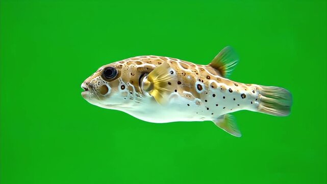 Exotic spotted pufferfish swimming slowly in an aquarium with a vibrant green screen background for chroma keying