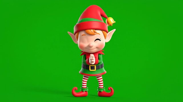 Cheerful elf cartoon character standing on green background