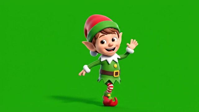 Cheerful elf character with open arms on vibrant green background