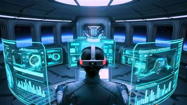 operator at curved holographic consoles, starfield visible through viewport, multiple analytics charts and telemetry converge as pilot adjusts trajectory in high tech bridge
