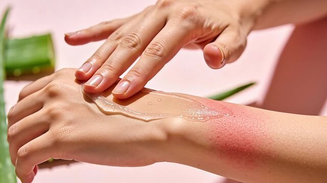 Applying soothing aloe vera gel to relieve sunburned skin.