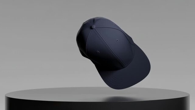 A dark blue baseball cap floats above a black pedestal in a gray backdrop
