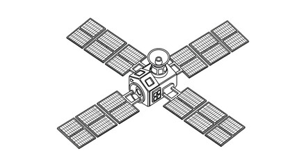 A detailed line drawing depicts a satellite with large rectangular solar panels extending from a central body