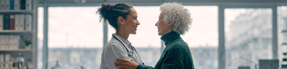Smiling female doctor comforting senior patient in clinic. Happy physician and elderly woman talking in medical office. Healthcare and trust concept