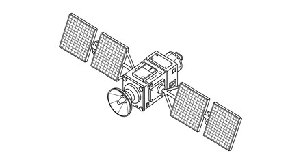 A detailed line drawing depicts a satellite in space showcasing its solar panels and structural components high quality