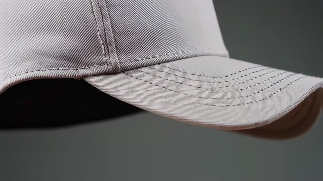 Close-up of a cap's brim and crown in grey against a dark background