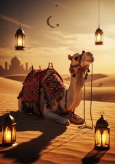Camel Resting in Golden Desert With Lanterns and Mosque