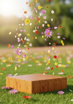 Wooden Pedestal with Falling Flower Petals on Green Grass